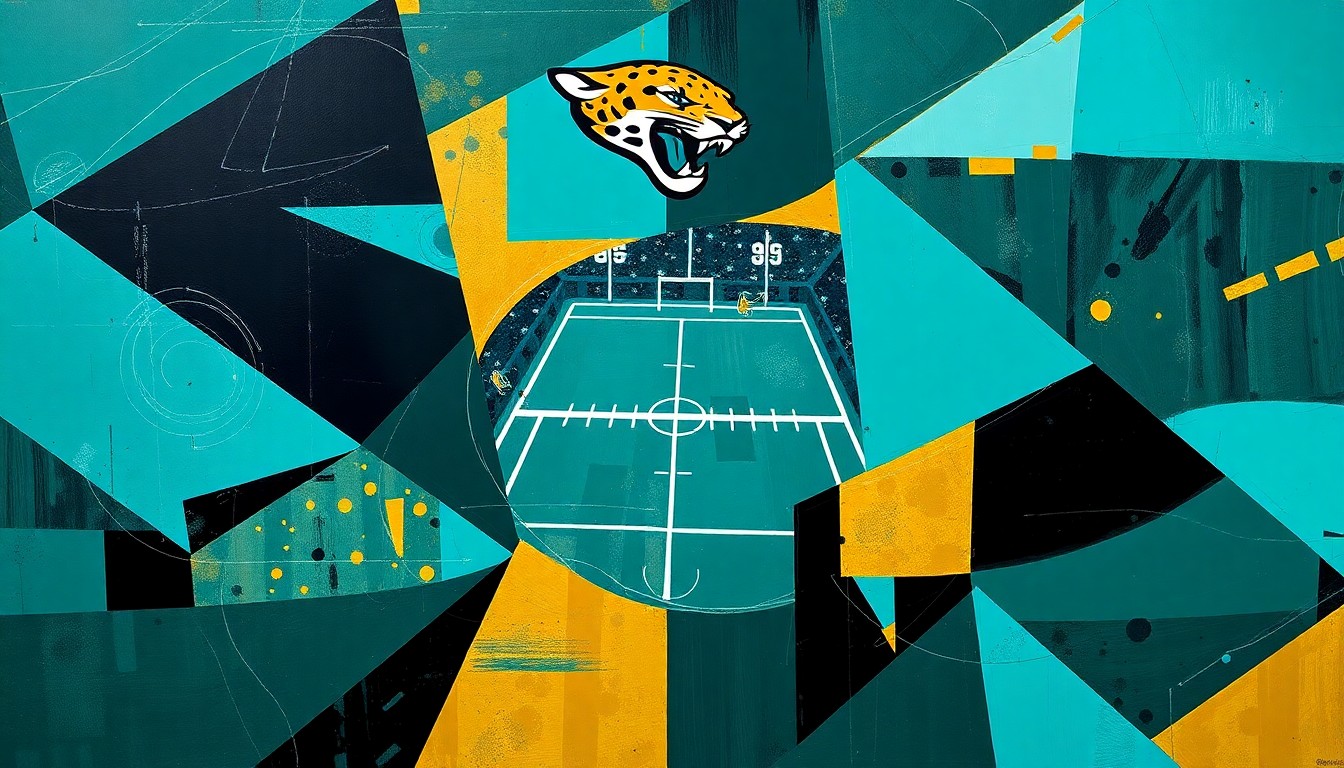 A fragmented, cubist-style painting depicting a Jaguars football game, with sharp geometric shapes in teal, black, and gold overlapping to create a dynamic, multi-perspective visual representation of the team's aggressive playstyle.