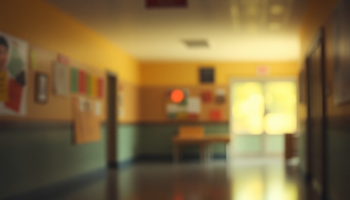 An abstract, impressionistic scene of a school interior, with blurred shapes and warm, glowing colors creating a soft, dreamlike atmosphere.