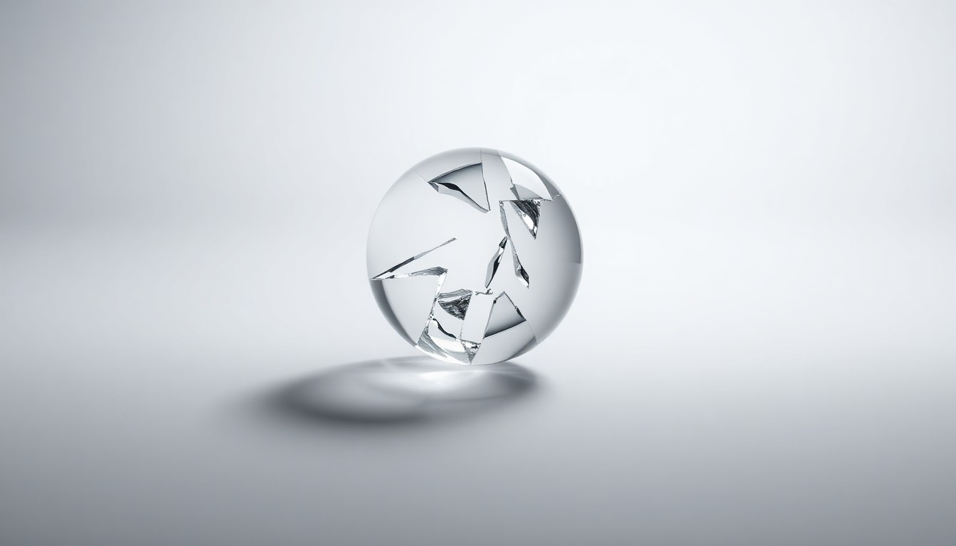 A photorealistic studio still life featuring a shattered glass paperweight or crystal ball, representing the fragility and loss of identity, floating on a clean, monochromatic background with dramatic lighting and shadows.
