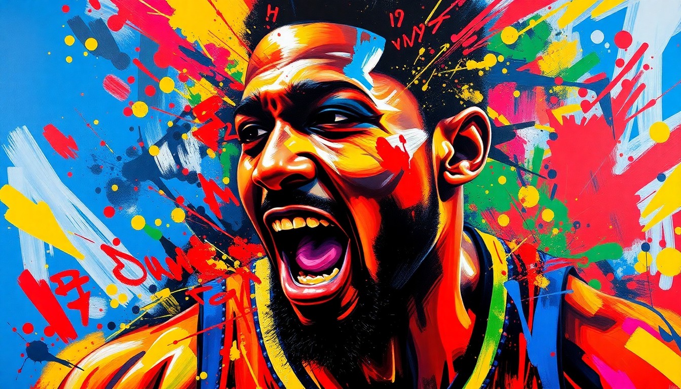 An extreme close-up of Jalen Duren's powerful basketball movements, rendered in a vibrant, expressionist style with rapid brushstrokes and neon colors, conceptually capturing his dominant presence and the Pistons' rise as a top Eastern Conference contender.