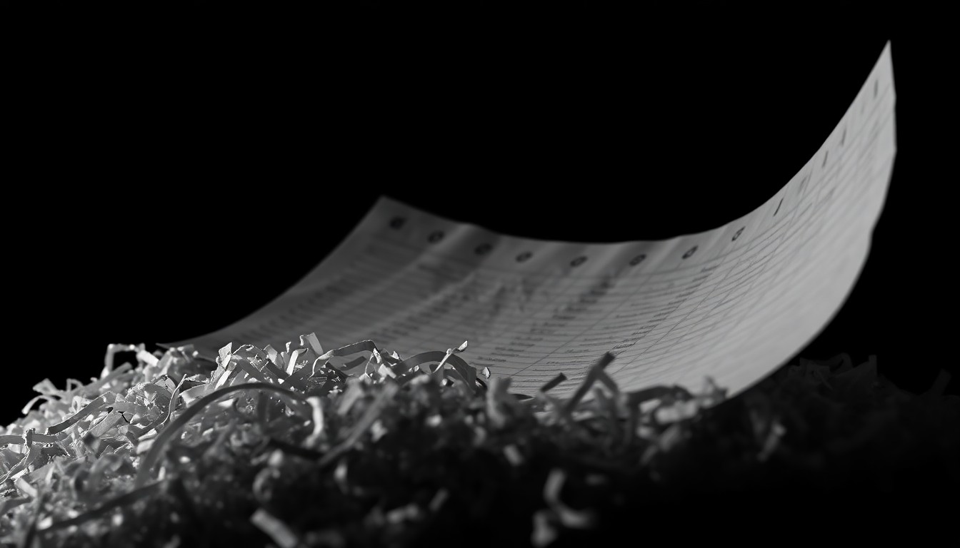 An extreme close-up of a shredded financial document reflecting a harsh, direct camera flash, conceptually illustrating the legal complexities of a major corruption case.