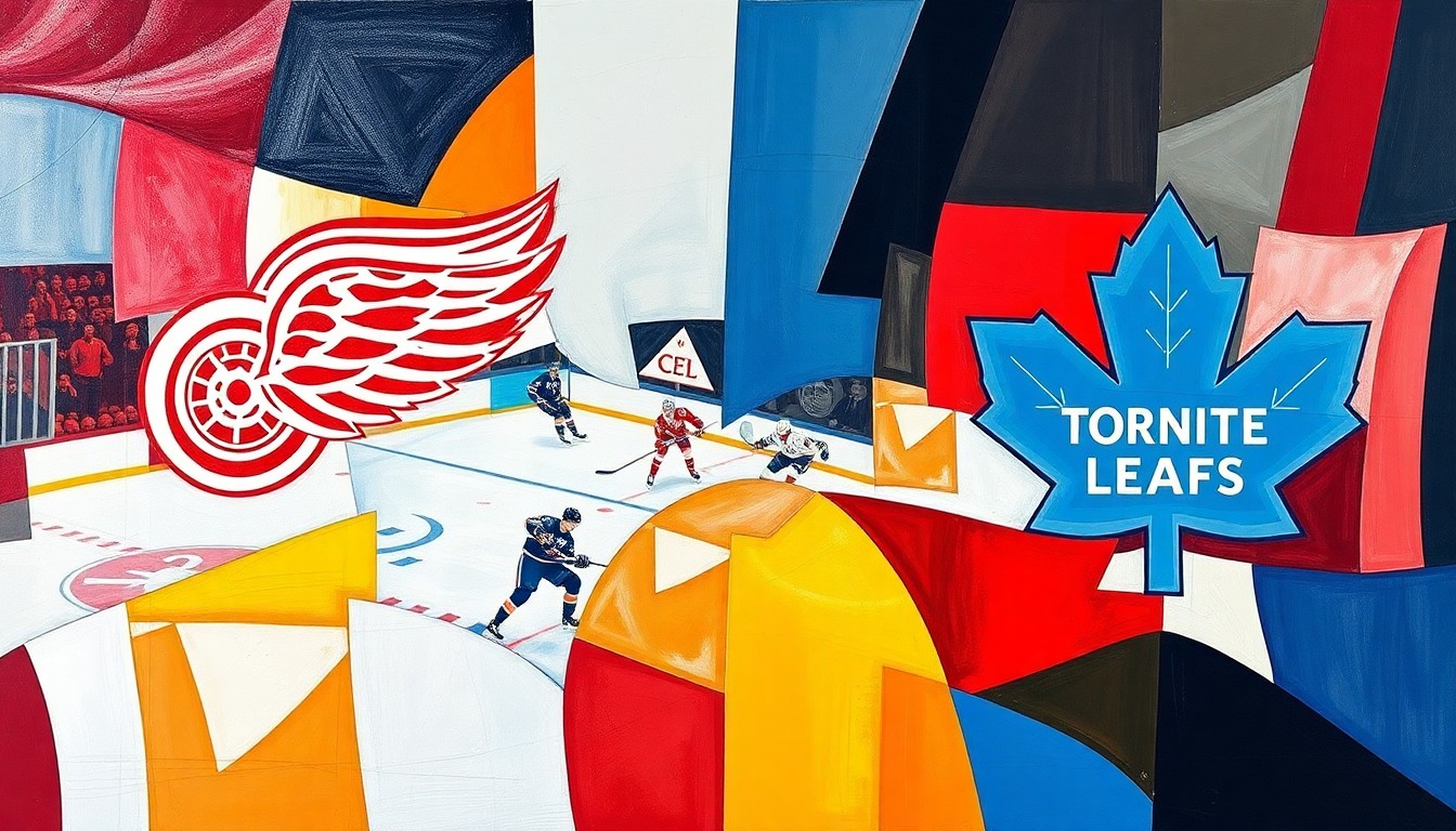 A cubist, geometric painting depicting the action of a hockey game, with sharp, overlapping planes of red, white, blue, and gold representing the Detroit Red Wings and Toronto Maple Leafs colors.