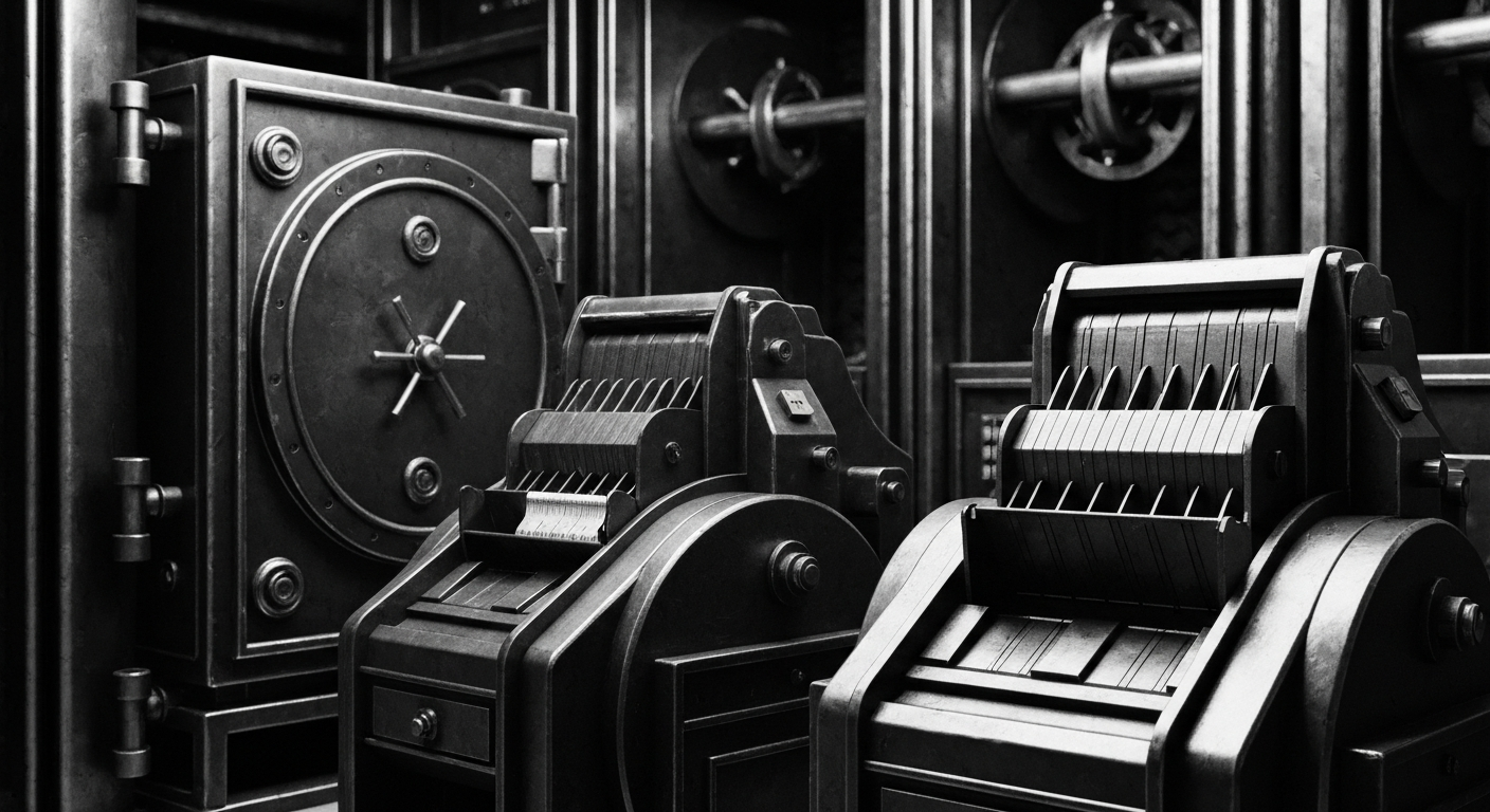 A high-contrast, close-up view of the heavy, industrial machinery and equipment that powers a regional bank's financial operations, conveying a sense of institutional strength and reliability.