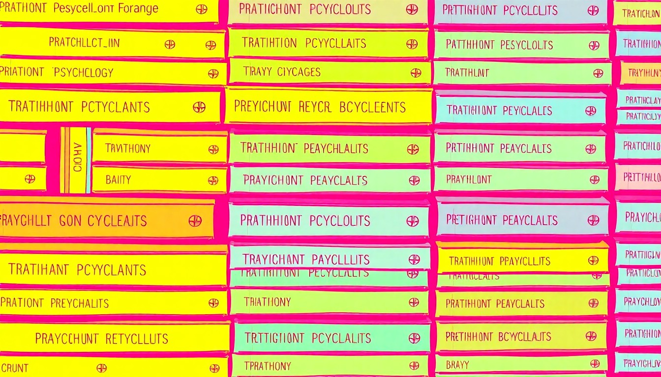 A bold, colorful silkscreen illustration of stacked psychology textbooks repeated in a grid pattern, conceptually representing an innovative university program designed to streamline the path to a bachelor's degree.