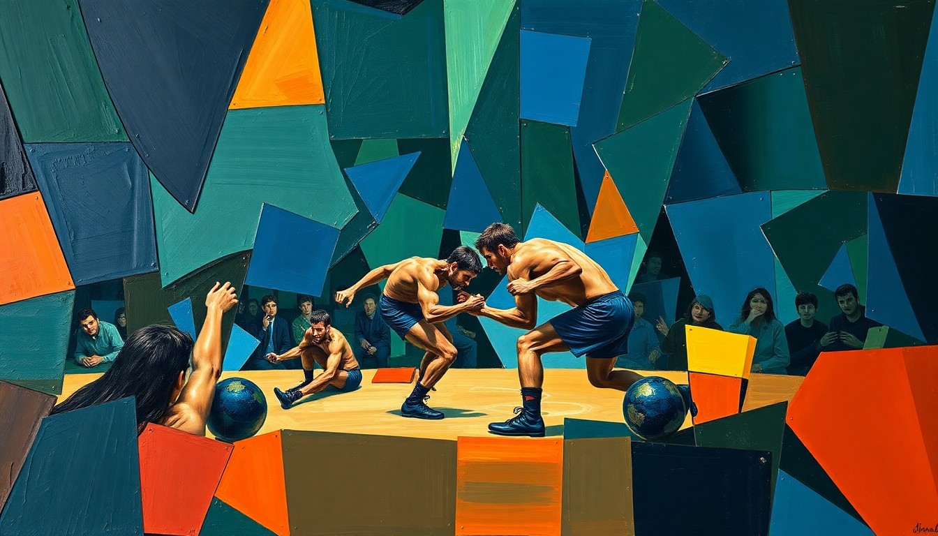 A fractured, geometric painting depicting the chaotic movements and perspectives of a wrestling match, with sharp planes of navy, green, and orange creating a sense of dynamic energy and tension.