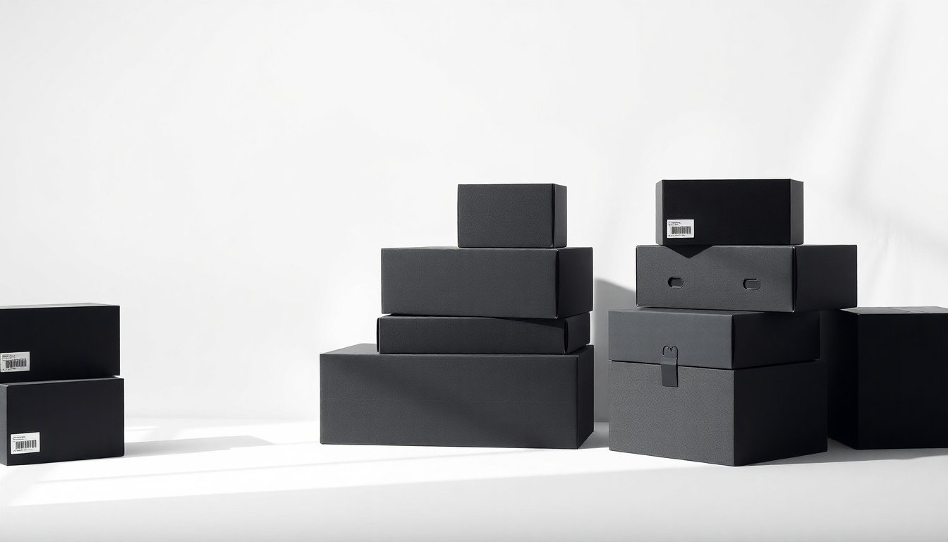 A high-end, photorealistic studio still-life photograph featuring a stack of premium matte black shipping boxes arranged elegantly on a clean white background, using dramatic lighting and shadows to conceptually represent the abstract ideas of corporate strategy, finance, and logistics.