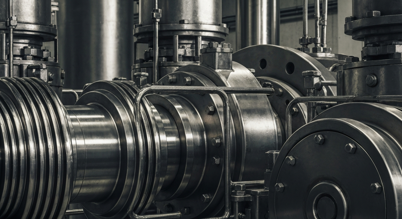 A dramatic, high-contrast close-up image of heavy, industrial machinery and equipment, conveying the physical and financial weight of the energy sector without using any text or identifiable branding.