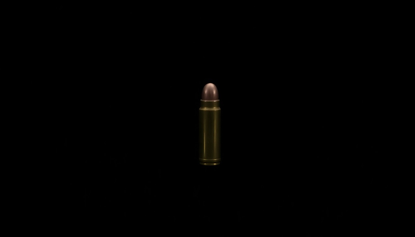 An extreme close-up photograph of a single bullet casing on a dark background, lit by a harsh, direct camera flash, conceptually representing the discovery of a loaded gun at an elementary school.