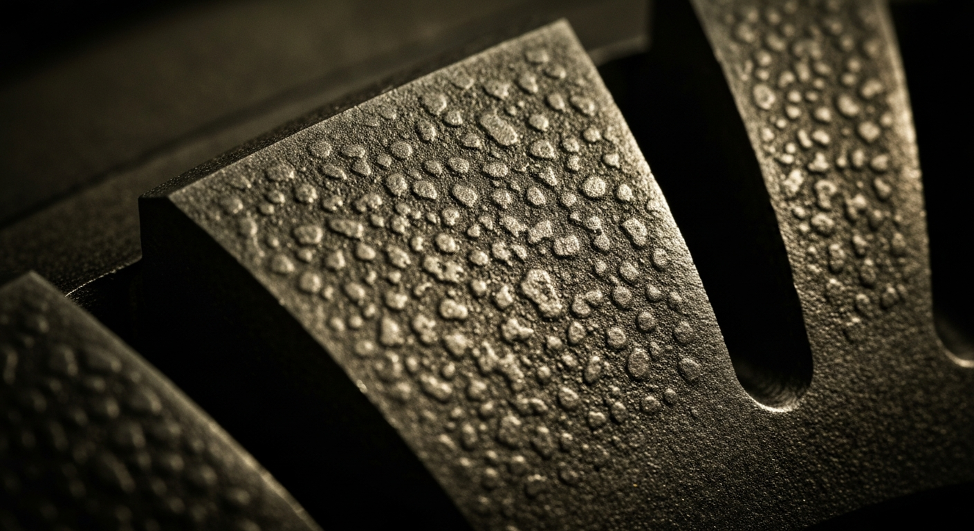 An extreme close-up of the textured, pebbled surface of an automotive part, such as a gear or bearing, in muted, earthy tones with highlights that draw attention to the intricate details and craftsmanship.