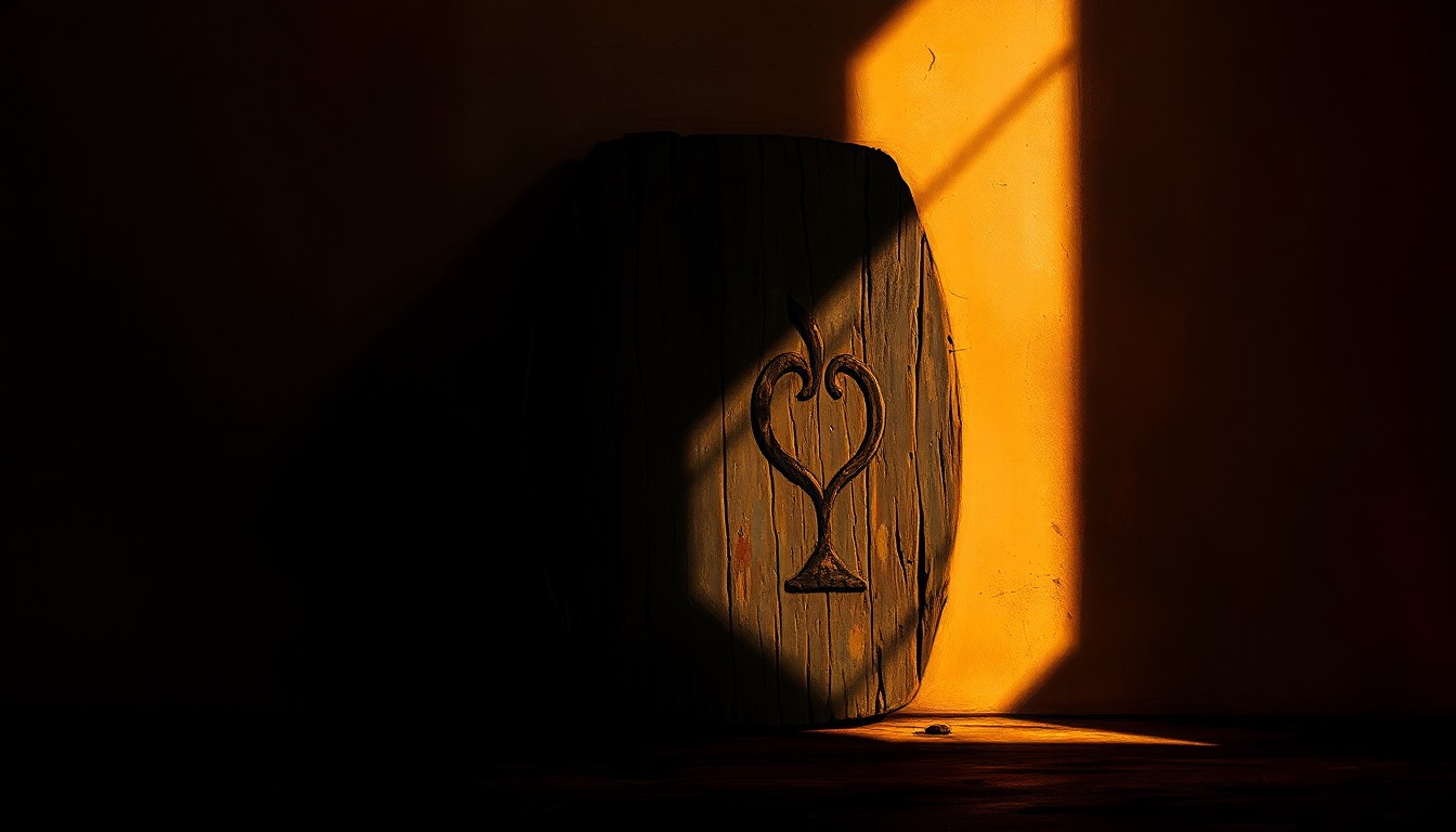 A close-up painting of an old, weathered Montaukett tribal symbol or artifact, such as a carved wooden totem or stone tool, bathed in warm, golden light and deep shadows, conveying a sense of history, resilience, and the ongoing struggle for indigenous sovereignty.
