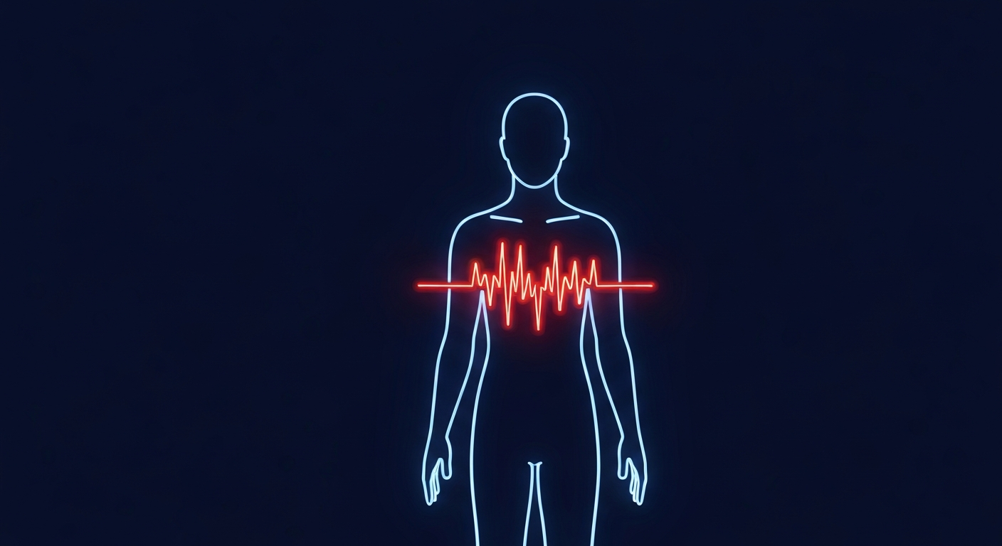 A glowing neon outline of a human figure with pulsing lines of light emanating from the chest, representing the emotional journey of lymphoma care.