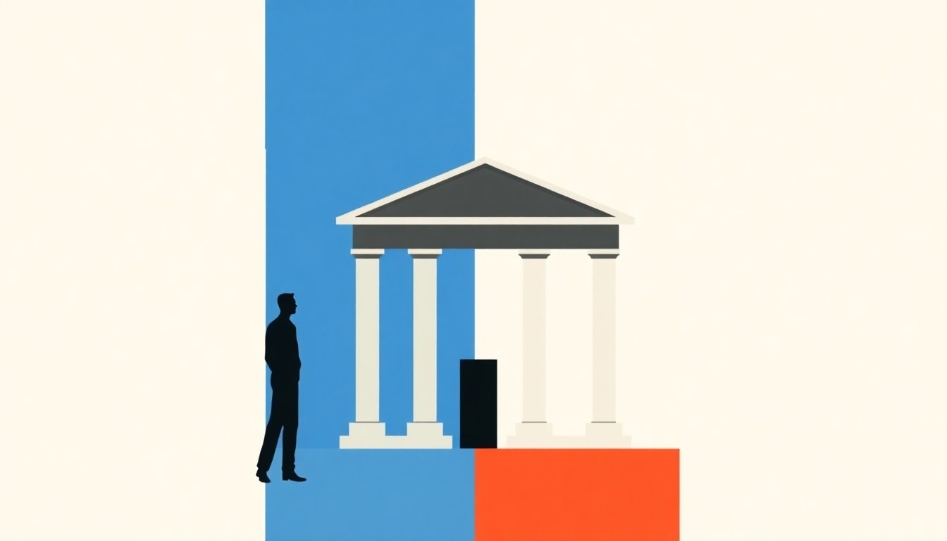 A dynamic abstract composition of intersecting triangles and rectangles in shades of blue, red, and yellow, conceptually representing the complex forces shaping the future of monetary policy.