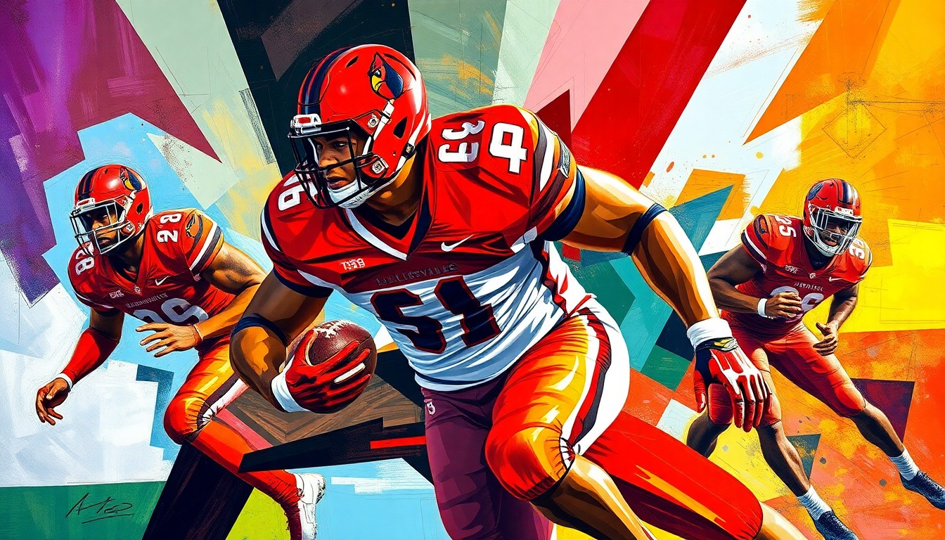 A fragmented, geometric painting depicting the forceful movements and collisions of a college football defensive lineman, with sharp planes of the Louisville Cardinals' red, white, and black team colors.