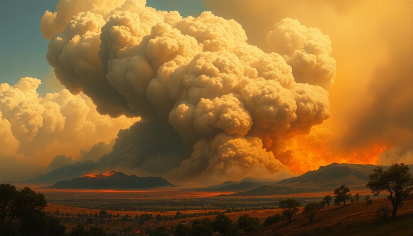 A sweeping, atmospheric landscape painting depicting a massive plume of smoke from a raging brush fire in the distance, conveying the overwhelming power and scale of the natural disaster.