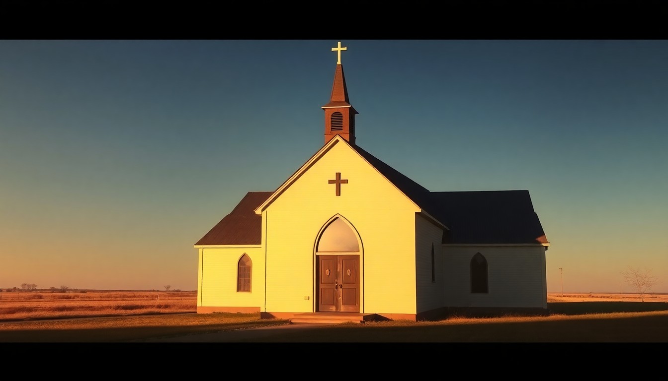 A serene, cinematic painting of a Catholic church building in Kansas, with warm sunlight and deep shadows creating a contemplative mood.