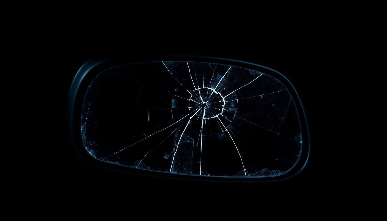 An extreme close-up photograph of a cracked car side mirror against a pitch-black background, conceptually illustrating the property damage and vandalism incidents reported in Elmhurst.