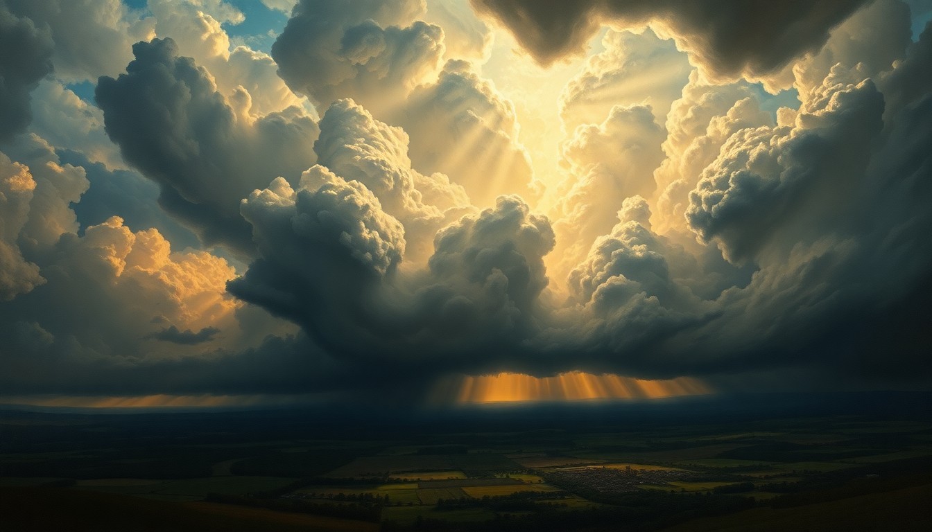 A sweeping, atmospheric landscape painting depicting a dramatic, stormy sky with swirling clouds and rays of light breaking through, dwarfing a small town or village in the distance, conveying the sublime scale and power of the approaching weather system.