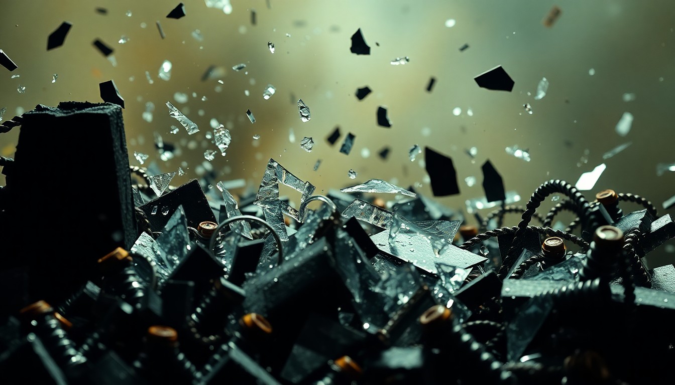 An extreme close-up photograph of shattered glass and twisted metal debris, capturing the dramatic, high-contrast textures and lighting to conceptually represent the destruction and chaos of Godzilla's rampage.