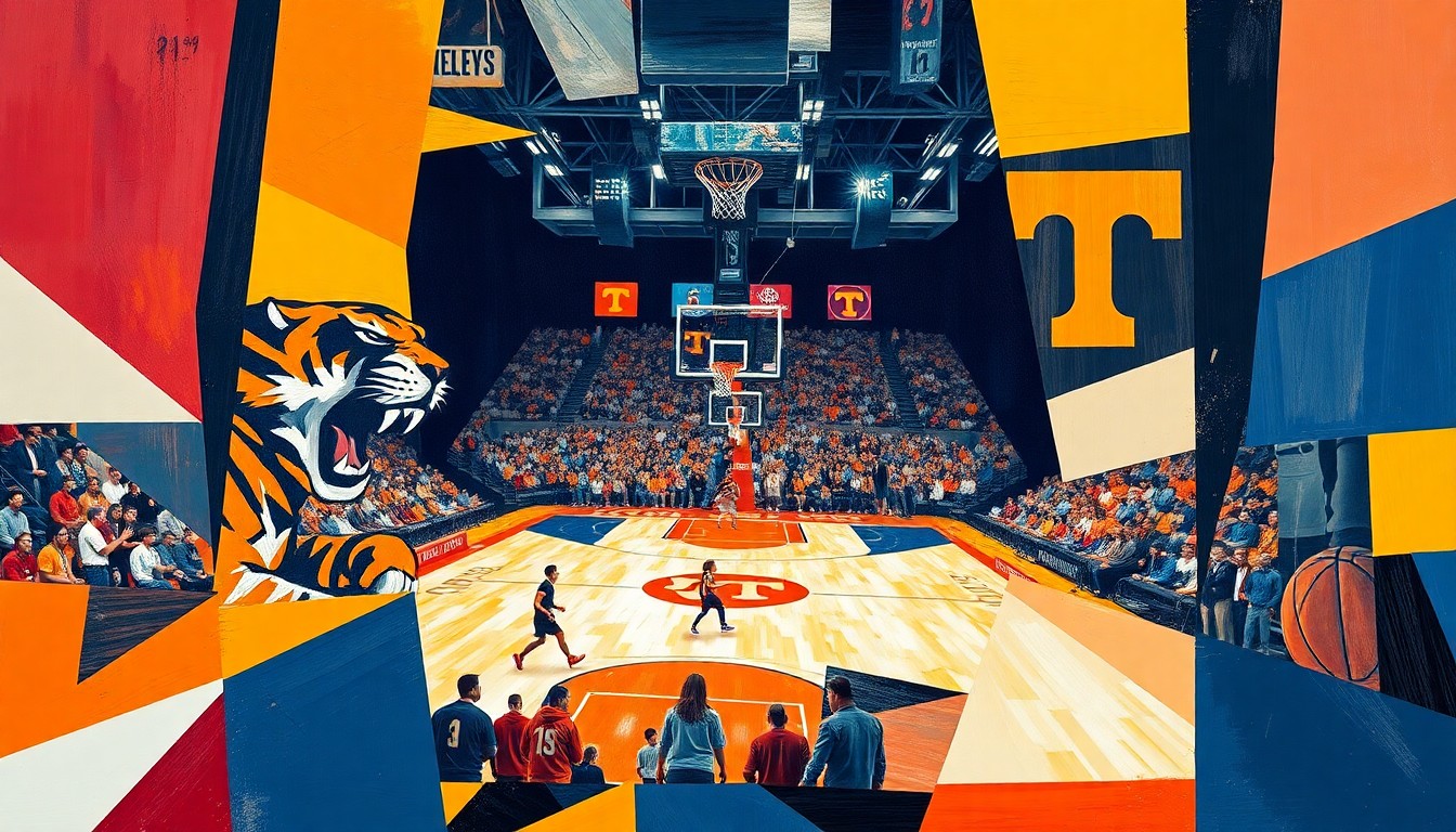 A cubist-style painting featuring overlapping geometric shapes in the colors of the Missouri Tigers and Tennessee Volunteers, capturing the dynamic movement and energy of a basketball game or match.