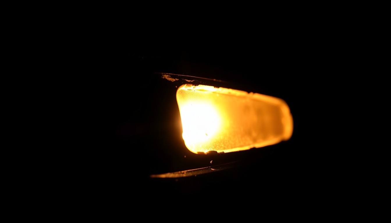 An extreme close-up photograph of a melted and charred car part, such as a door handle or side mirror, lit by a harsh, direct camera flash against a pitch-black background, conceptually illustrating the aftermath of a serious car fire.