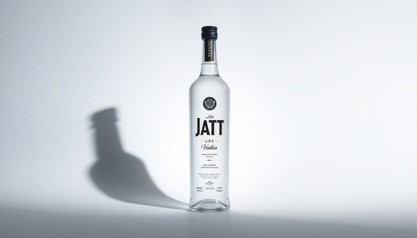 A photorealistic studio photograph of a single, elegant glass bottle of Jatt Life vodka, lit dramatically with sharp shadows to highlight the premium quality and refined branding of the spirit.