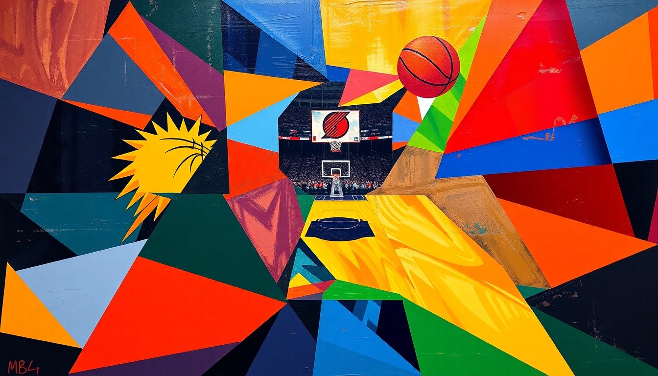 A cubist, geometric painting depicting a basketball game between the Phoenix Suns and Portland Trail Blazers, with the players and court broken down into sharp, overlapping planes of color.