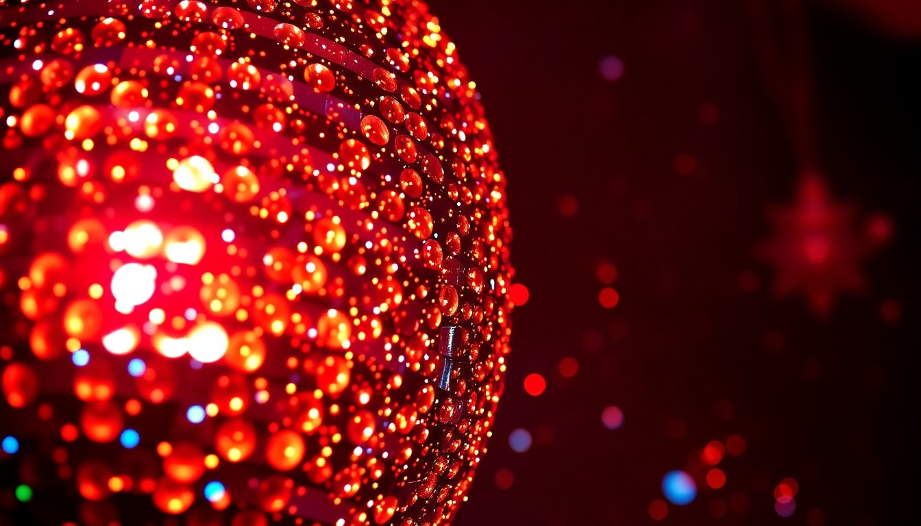 An abstract close-up photograph featuring a dramatic composition of glittering, high-contrast textures like sequins and shattered disco ball fragments, capturing the glamour and energy of a live music performance.