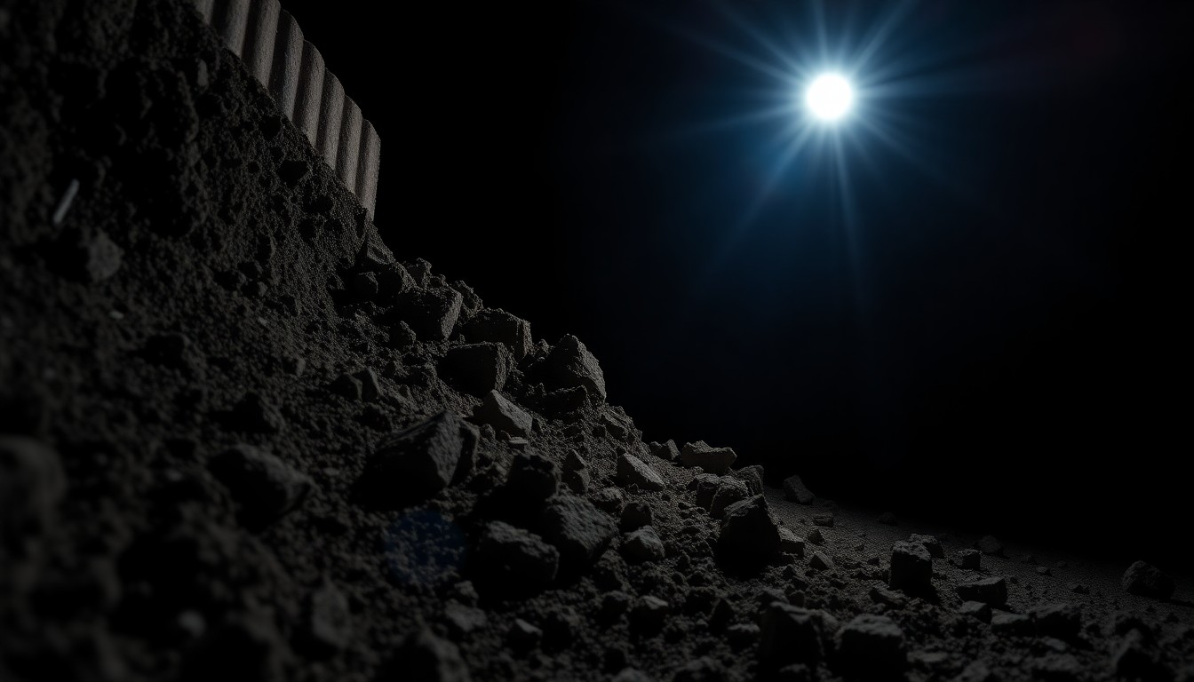 An extreme close-up photograph of a collapsed section of dirt and debris from a construction trench, the harsh lighting and stark black background creating a gritty, investigative aesthetic.