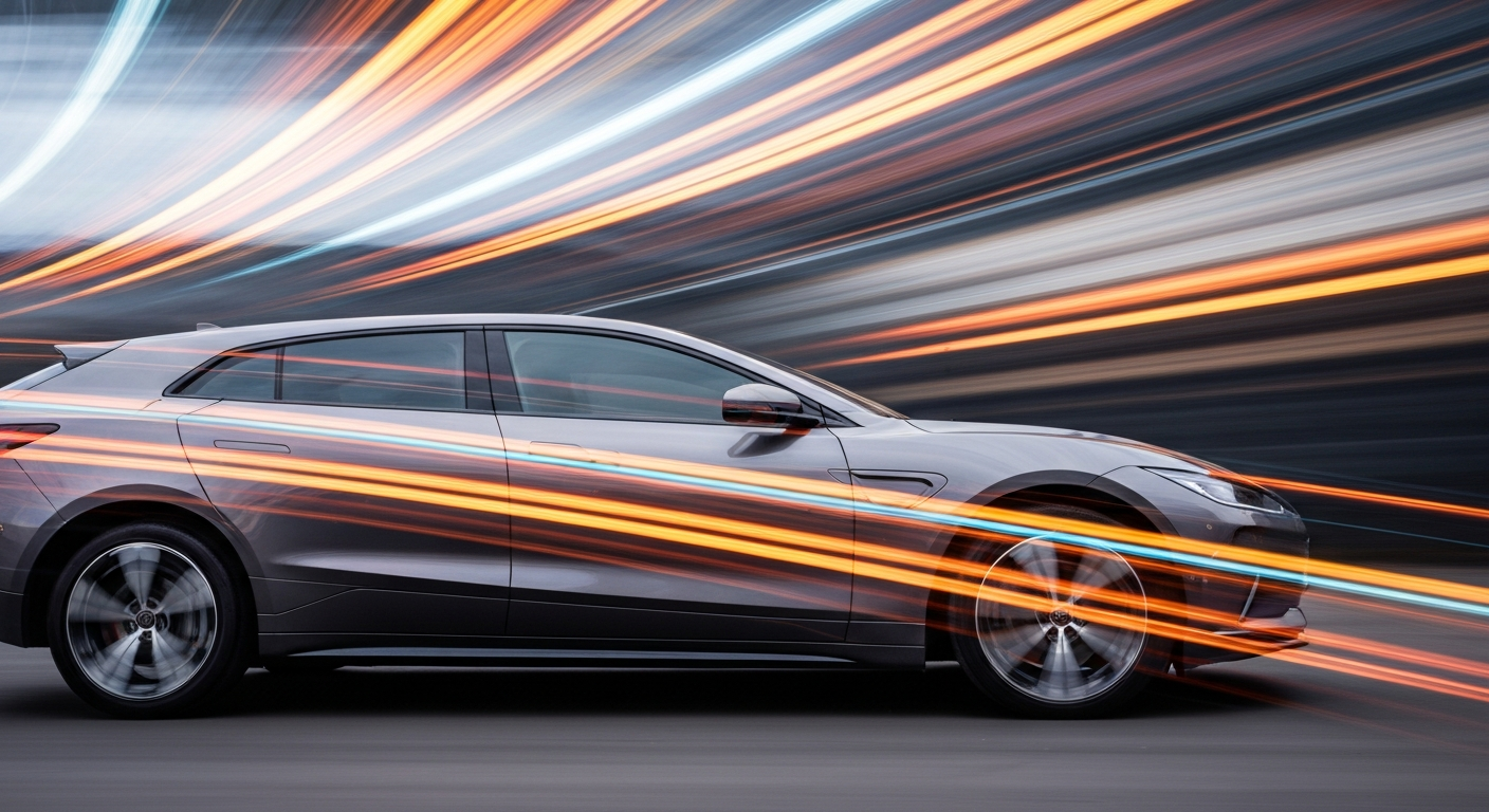 Sweeping, abstract streaks of vibrant color and motion, conceptually representing the dynamic future of electric vehicles and transportation.