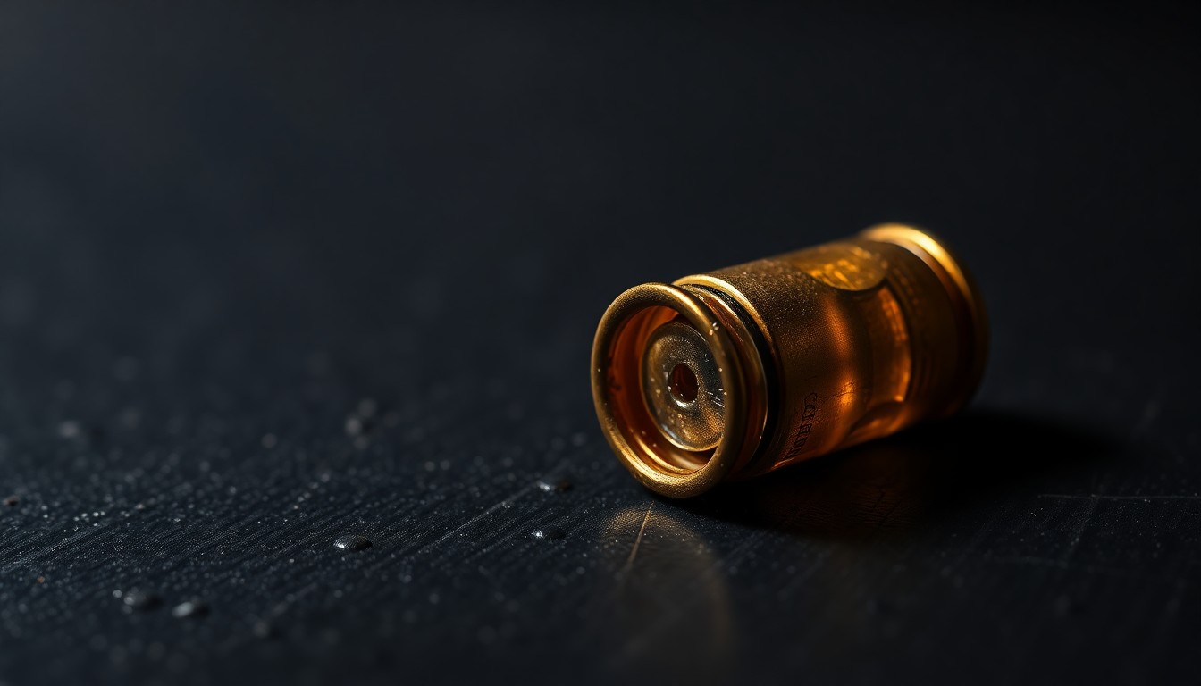 An extreme close-up of a shiny, metallic bullet casing against a dark, textured background, conceptually representing the physical evidence of a police shooting incident.
