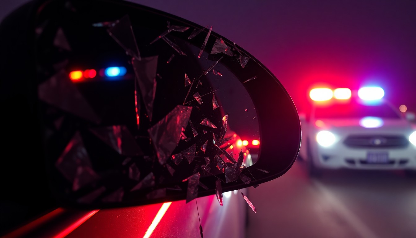 An extreme close-up of a shattered car side mirror reflecting the flashing lights of a police vehicle, conceptually representing the aftermath of a deadly DUI collision.