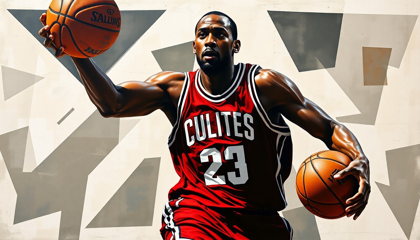 A cubist, geometric painting depicting a basketball player's movements, with sharp, overlapping shapes and planes conveying the dynamic energy of the sport.