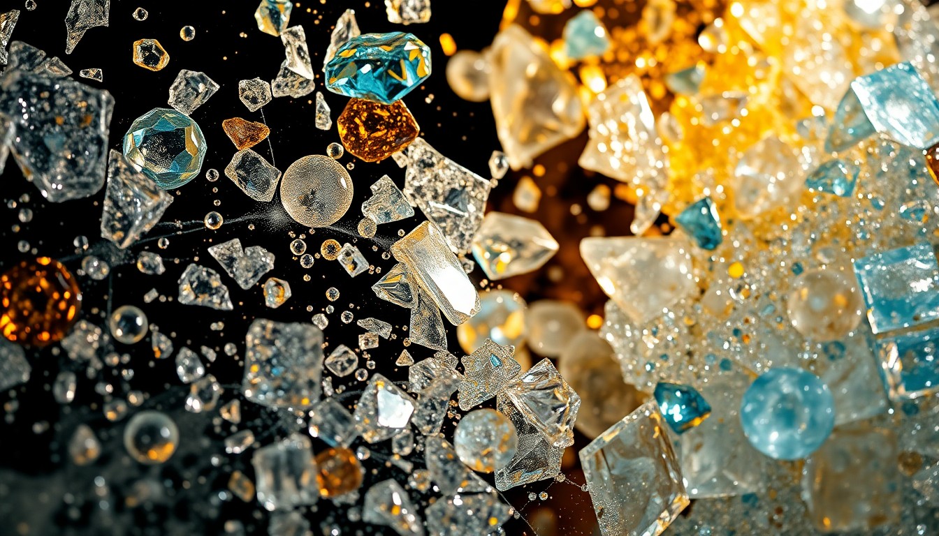 An abstract close-up image featuring dramatic, high-contrast textures of shattered glass and glittering gemstones, conceptually representing the collision of ancient and modern art.
