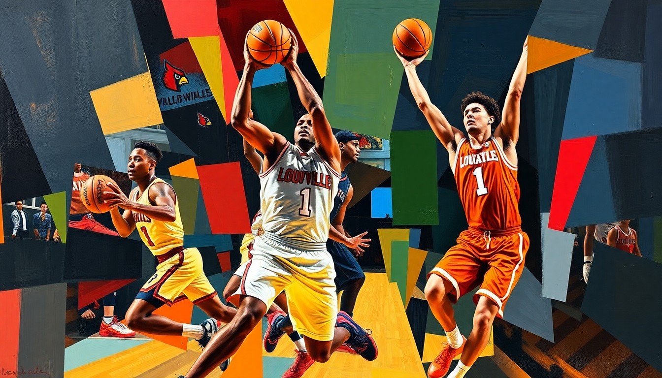 A cubist, geometric painting depicting a basketball player's movements, with sharp, overlapping planes of color representing the uniforms of the Louisville Cardinals and Tennessee Volunteers.