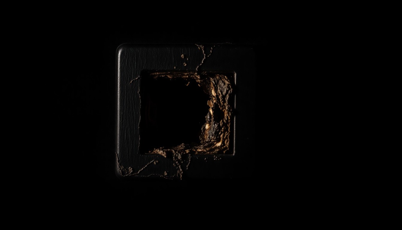 An extreme close-up photograph of a charred and melted electrical outlet, capturing the gritty, investigative aesthetic of the incident through dramatic lighting and stark contrast.