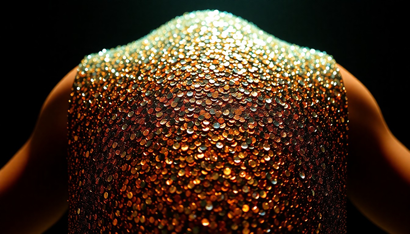 An extreme close-up of shimmering, glittering sequins captured in dramatic, high-contrast studio lighting, conceptually representing the glamour and self-confidence of a professional wrestler at the height of their career.