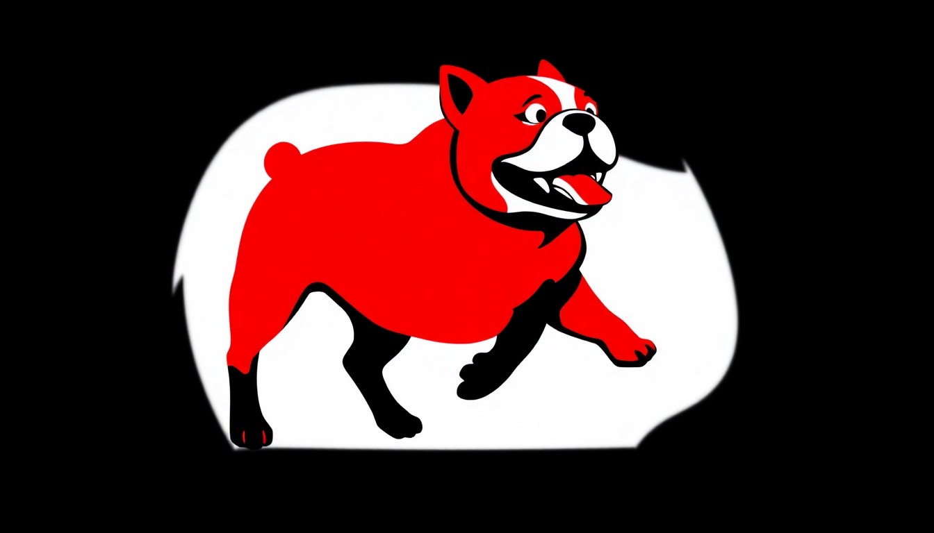 A minimalist, graphic illustration featuring bold black silhouettes and high-contrast solid colors, conceptually representing an energetic, playful bulldog.