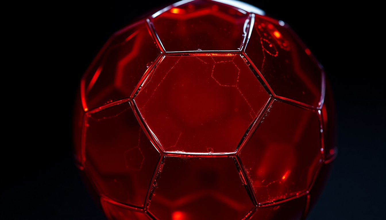 An extreme close-up photograph of a shattered glass soccer ball, reflecting a vibrant red light and capturing the intense energy and emotion of the FIFA World Cup.