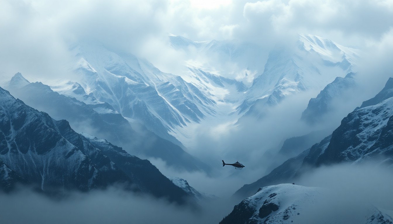 A sweeping, atmospheric landscape painting in muted tones of gray, white, and blue, with a small helicopter silhouette barely visible in the distance, conveying the overwhelming scale and power of the natural environment.