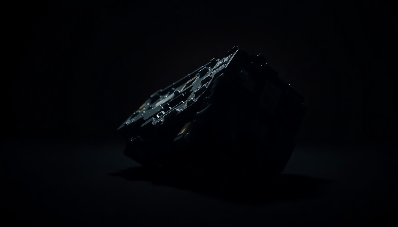 An extreme close-up photograph of a crushed and twisted Tesla vehicle component, such as a battery module or sensor, lit by a harsh, direct camera flash against a pitch-black background, conceptually illustrating the aftermath of a serious collision.