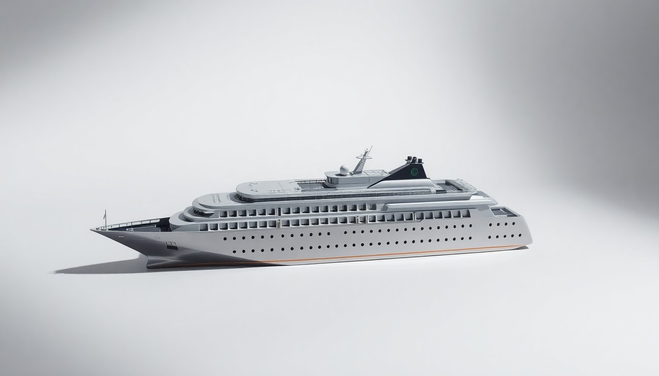 A highly detailed, photorealistic studio photograph of a polished, geometric metal cruise ship model resting on a clean, monochromatic background, conceptually representing the future strategy and direction of the cruise industry.