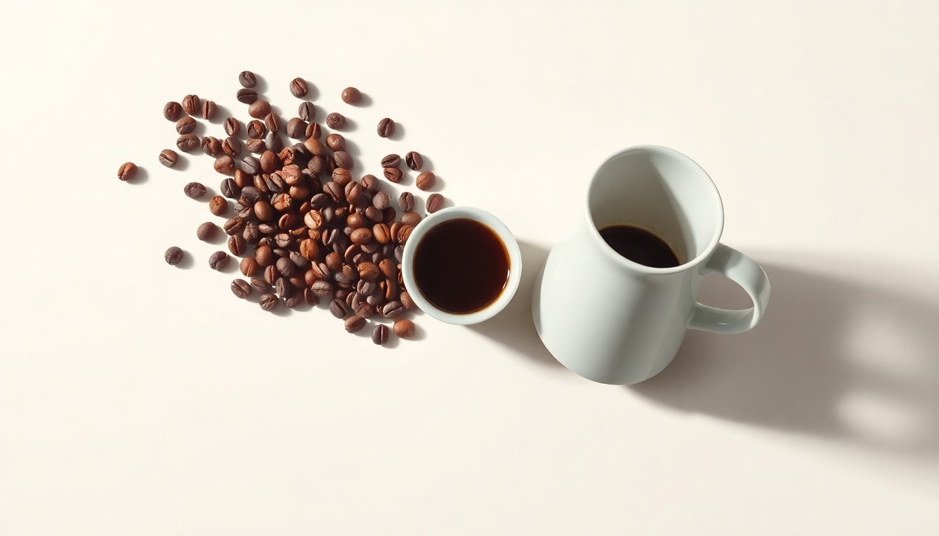 A high-end, photorealistic studio still-life photograph featuring a carefully arranged composition of premium coffee beans, a ceramic mug, and a pour-over coffee dripper on a clean, monochromatic background. The objects are lit dramatically with sharp shadows, conceptually representing the thoughtful, sustainable approach of Counter Culture Coffee.