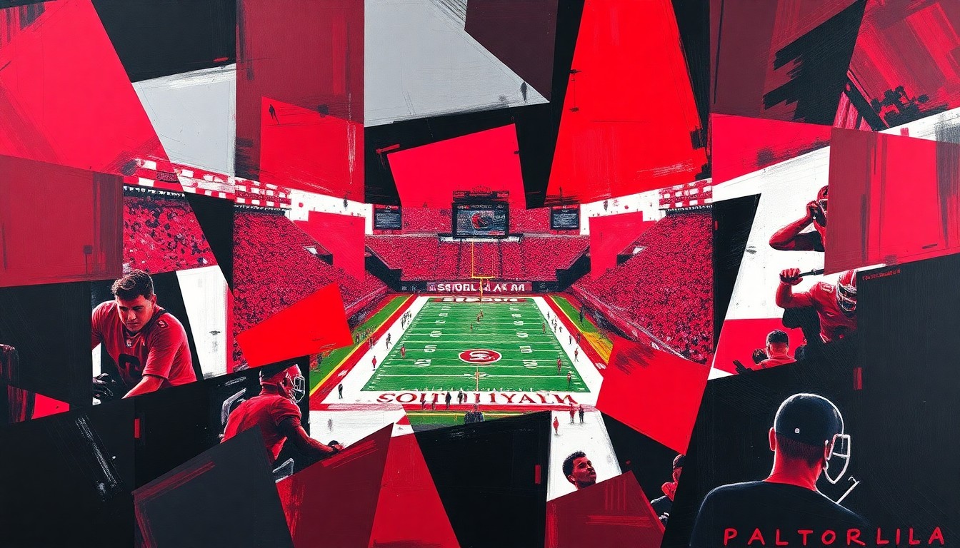 A fractured, geometric painting in shades of garnet, black, and white, breaking down a South Carolina football game into sharp, overlapping planes that convey the raw energy and competing forces of the sport.