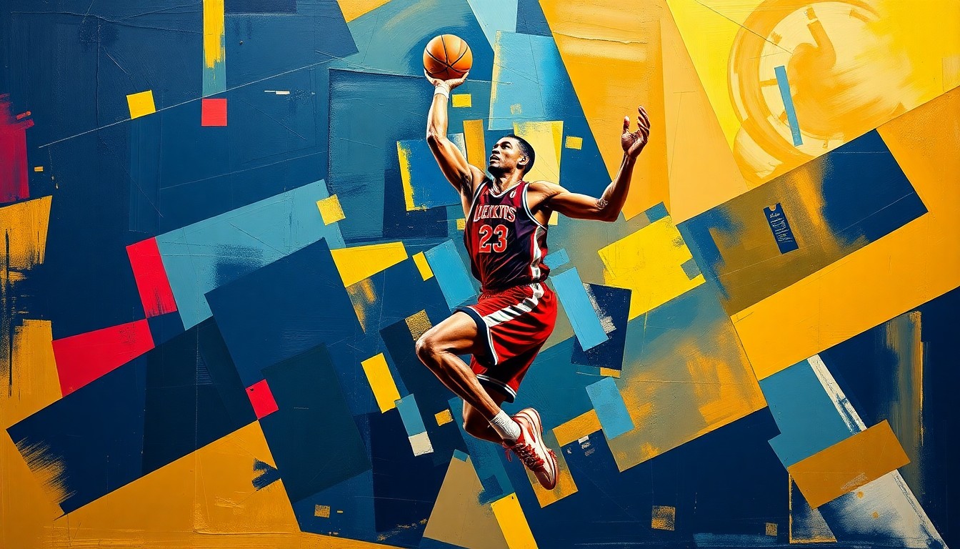 A cubist-style painting depicting the fragmented movements of a basketball player in mid-action, with sharp geometric shapes and planes in navy, gold, and crimson colors.