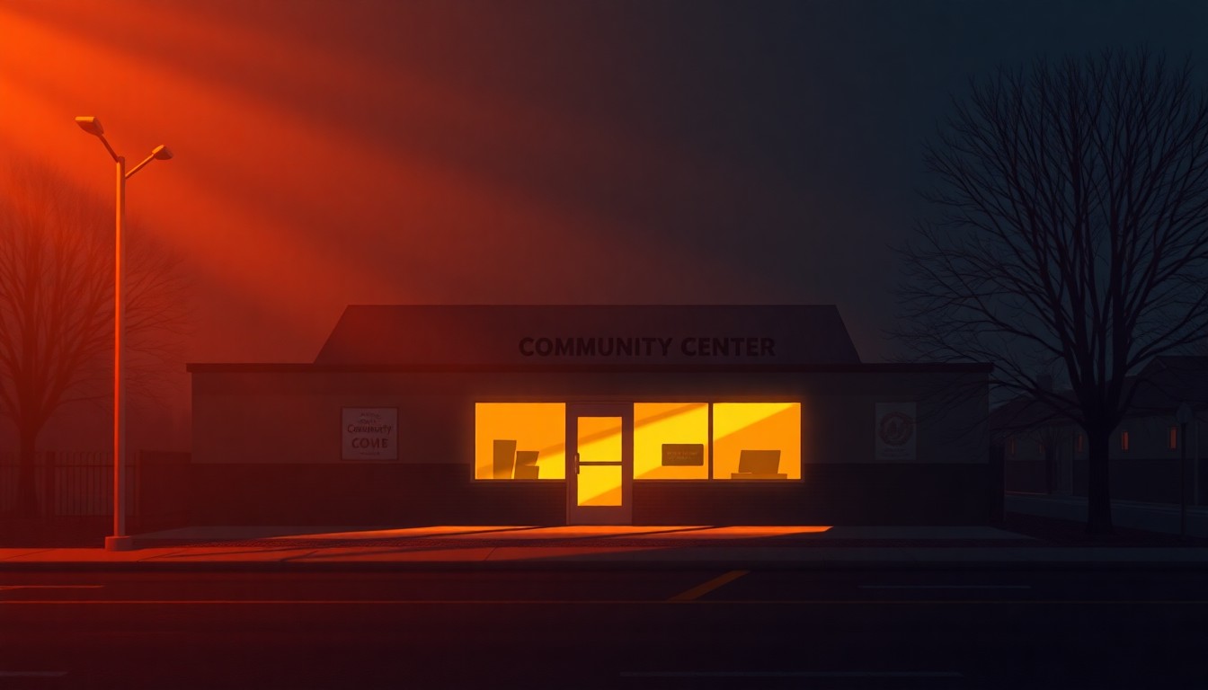 A serene, cinematic painting of a community center or support organization building, with warm sunlight streaming through the windows and deep shadows casting across the exterior. The image conveys a sense of quiet resilience and community care.