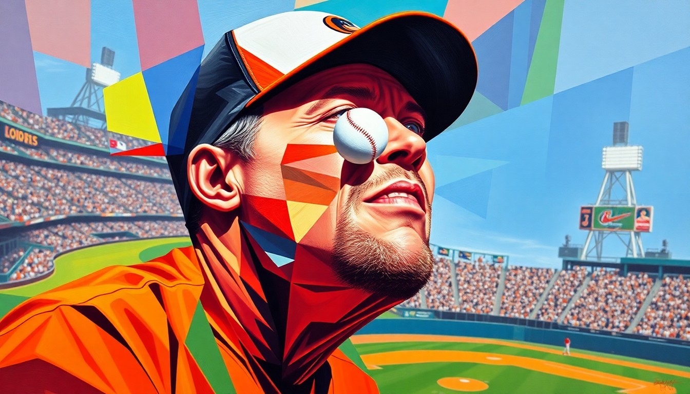 A cubist-style painting depicting the moment when Orioles manager Craig Albernaz was hit in the face by a foul ball, with sharp geometric shapes and vibrant colors representing the dynamic action on the baseball field.