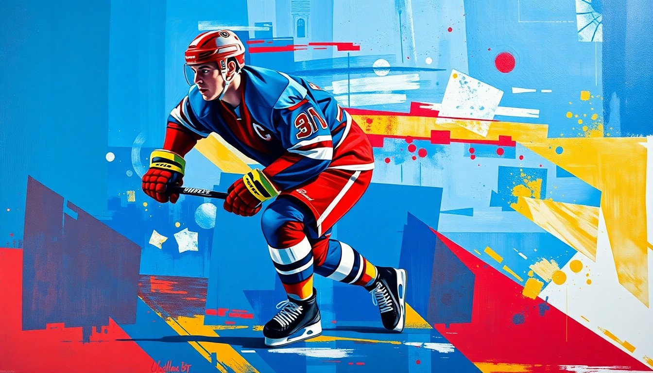 A fractured, geometric painting depicting a hockey player in motion, broken down into sharp, overlapping planes of blue, red, and gold, conceptually representing the complex negotiations and speculation around Connor McDavid's future.
