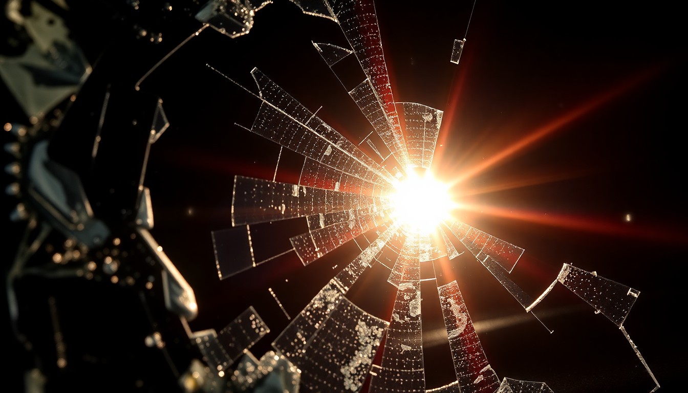 An extreme close-up photograph of a shattered car window reflecting the harsh glare of a camera flash, conceptually representing the aftermath of a violent highway collision.