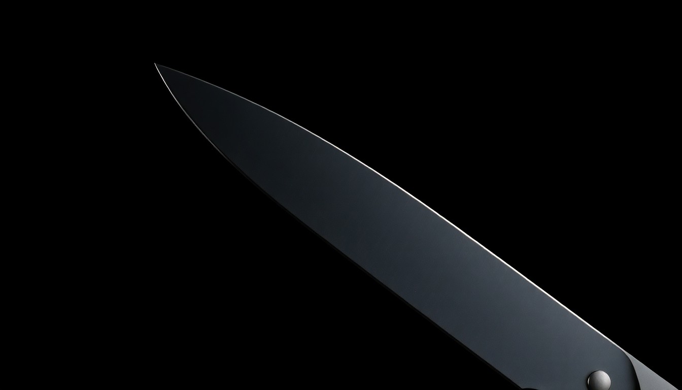 An extreme close-up photograph of a serrated buck knife blade against a pitch-black background, lit by a harsh, direct camera flash, conceptually illustrating the weapon used in a recent crime against children.