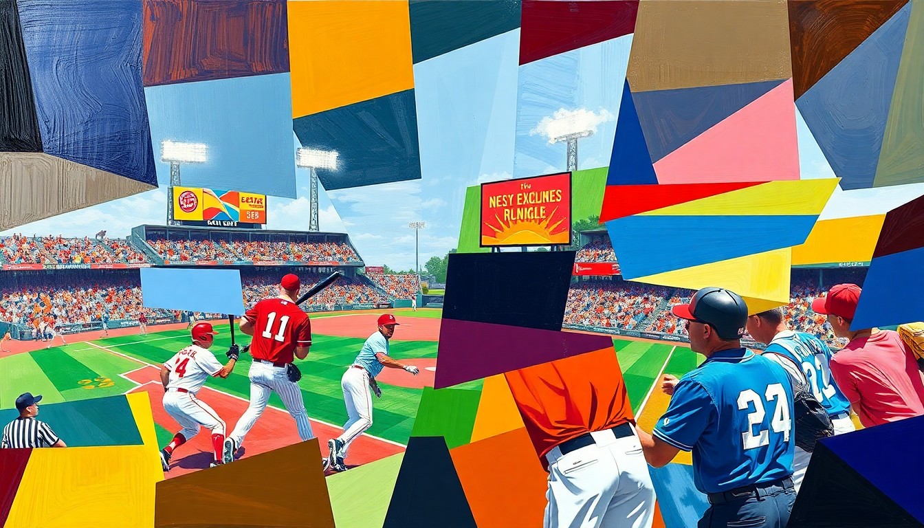 A fragmented, geometric painting depicting the action and energy of a college baseball game, with sharp planes of color representing the competing teams and players.